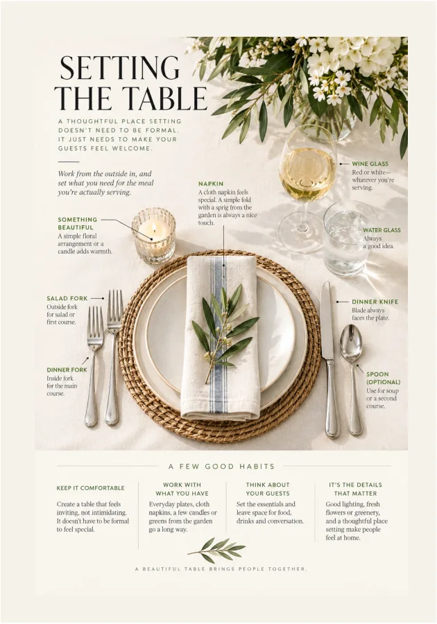 Selected Guide interior: an illustrated place setting and thoughtful table details